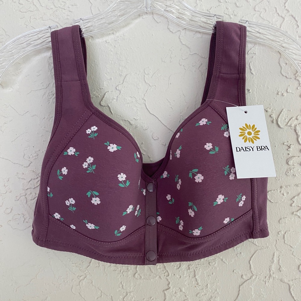 Daisy Cottagecore Front Closure Wireless Bra Women M Purple Floral Snap Front